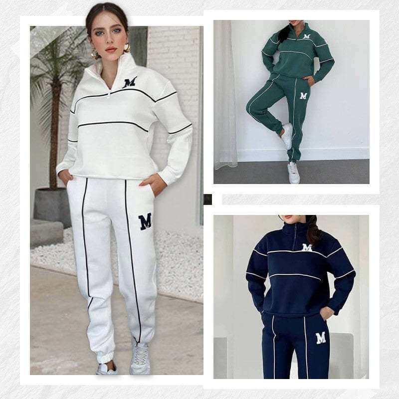 Women's fashion pullover sweatsuit sets with pockets in white, green, and navy, featuring stylish stripes and comfortable design.