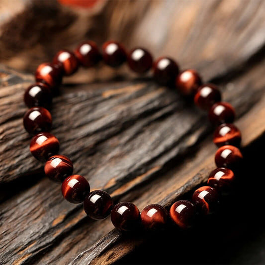 Vintage Style 8mm Red Tiger Eye Bracelet on rustic wood background