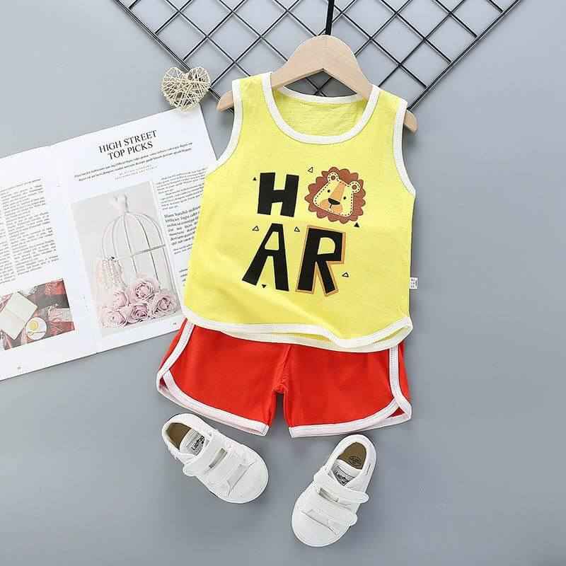 Pure cotton boys and girls suit with yellow sleeveless top featuring lion cartoon, red shorts, and white shoes.