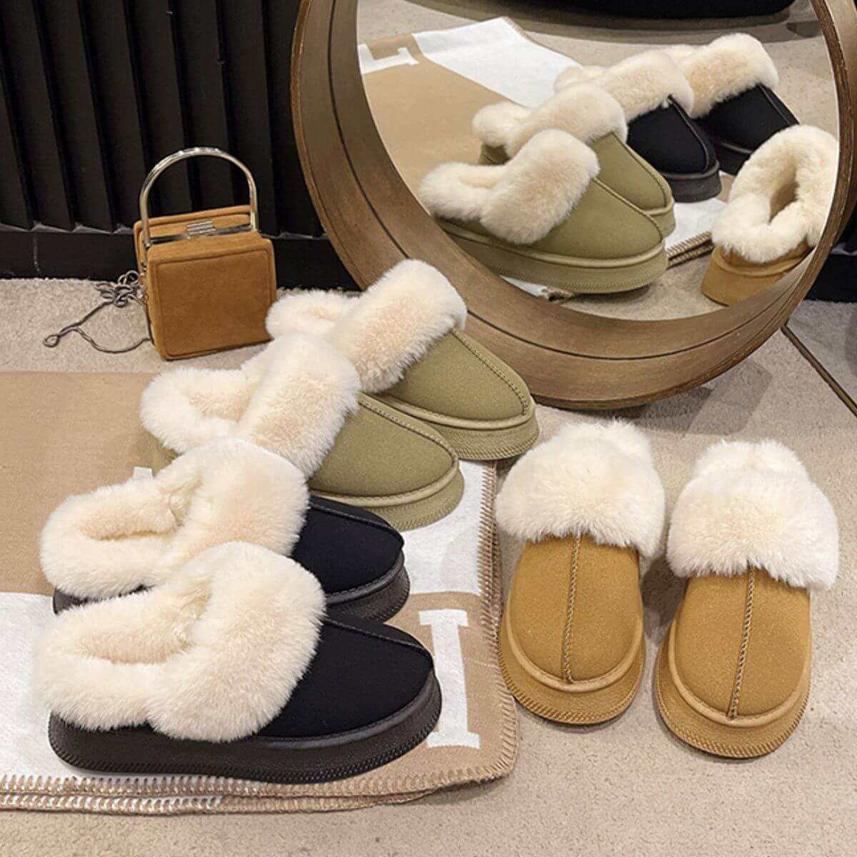 Suede soft round toe platform slippers with faux fur, available in various colors and sizes.