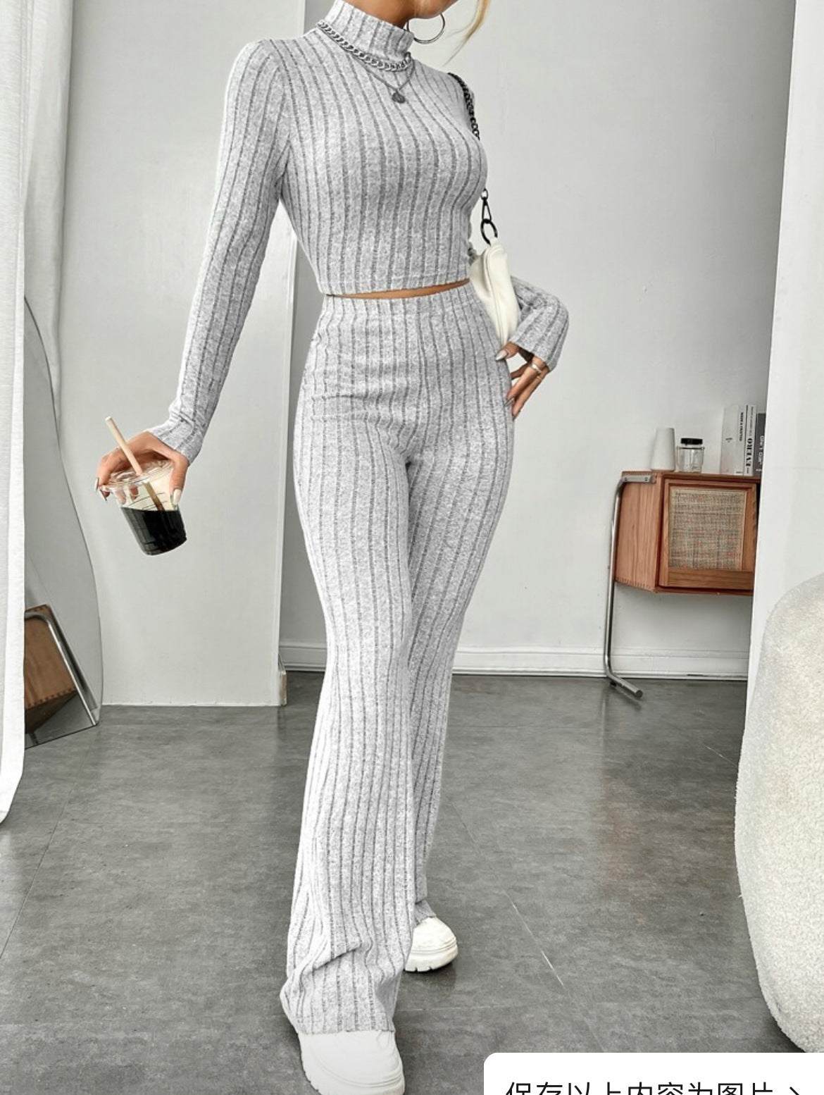 Long Sleeve Turtleneck Wide Leg High Waist Pants Suit - Plush Fashions Shop 