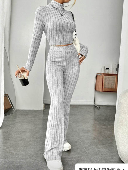 Long Sleeve Turtleneck Wide Leg High Waist Pants Suit - Plush Fashions Shop 