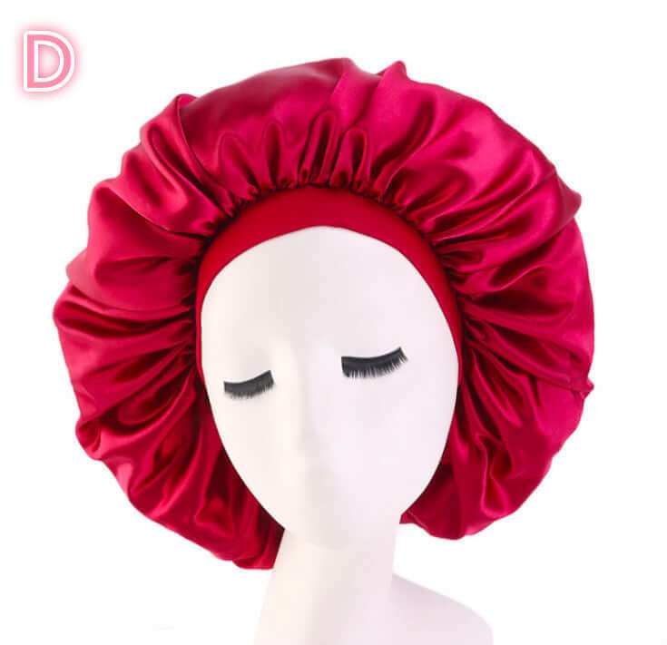 Beauty print Satin silk Bonnet sleep night cap in vibrant red, shown on mannequin.