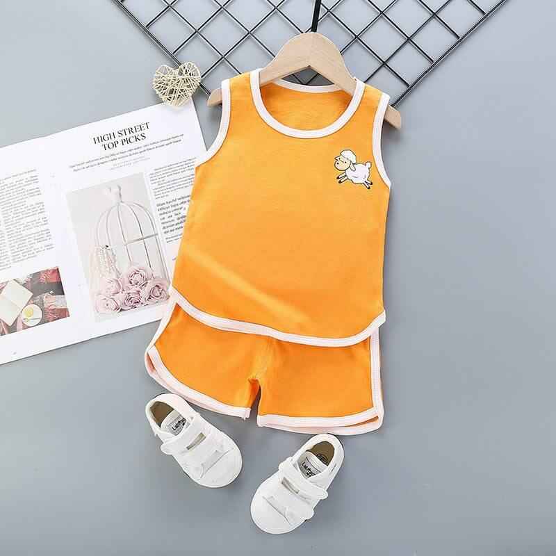 Pure cotton boys and girls sleeveless suit with animal pattern, featuring orange top and shorts set, perfect for summer.