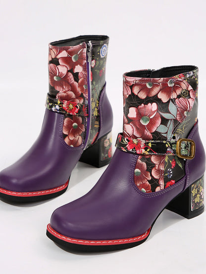 Women's  Leather Flower Block Heel Boots