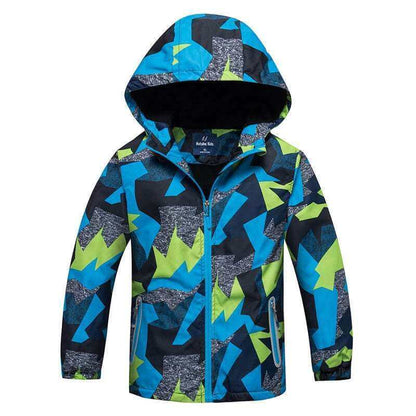 Boys' Fashion Casual Padded Windproof Jacket in blue and green camouflage design.