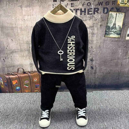 Boys fleece and cotton sweater jeans suit on display, featuring a stylish and cozy design.