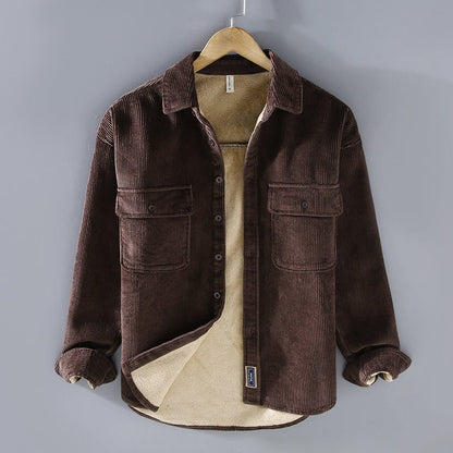 Men's brown fleece lined padded casual coat shirt on hanger.