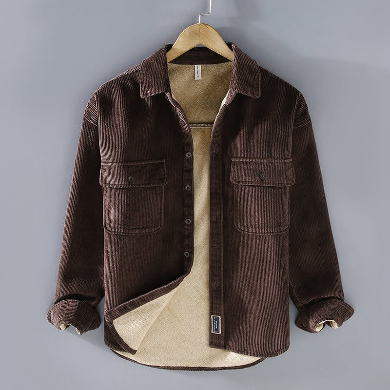 Men's fleece-lined padded warm keeping casual coat shirt in brown corduroy.