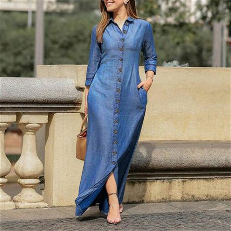 Shirt Collar Denim Button Maxi DressElevate your casual style with this chic shirt collar denim maxi dress. Featuring a button-down front and a flattering maxi length, this dress is perfect for any occDressPlush Fashions ShopPlush Fashion Shop