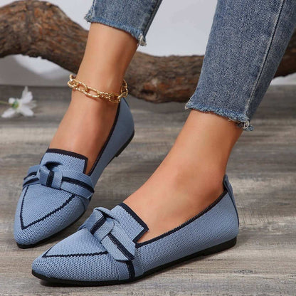 Bow Contrast Trim Point Toe Loafers in blue with black trim detail.