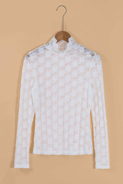 Mock Neck Long Sleeve Lace Top in white on hanger, showcasing delicate semi-sheer lace.