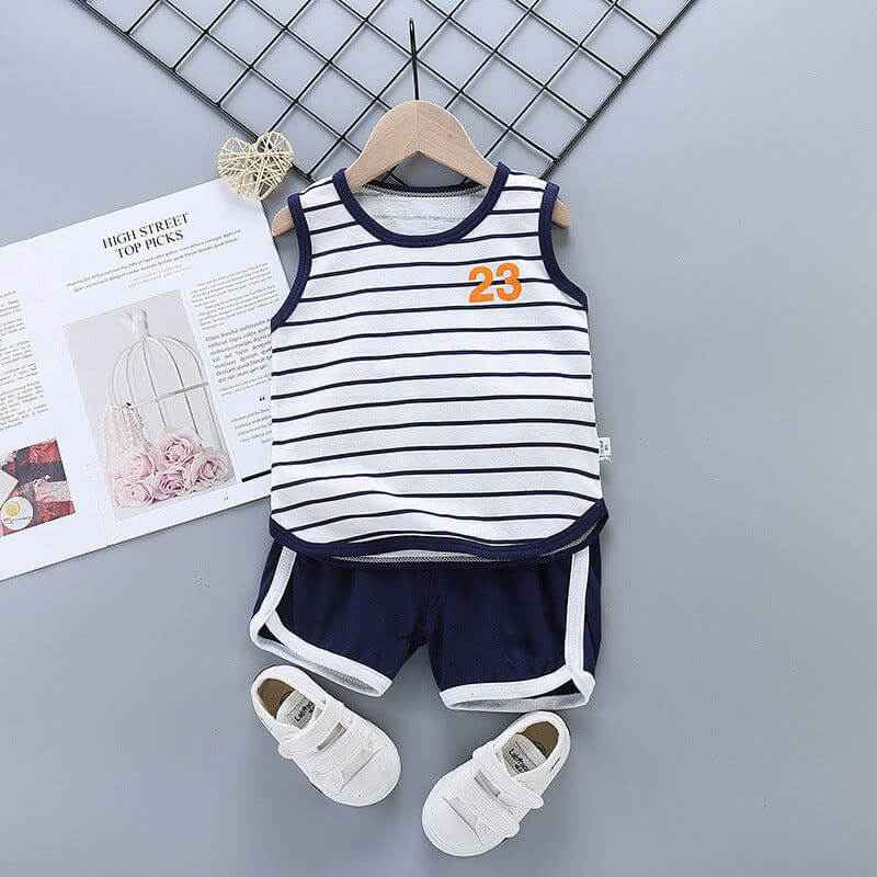 Pure cotton boys and girls sleeveless striped suit with shorts and shoes.