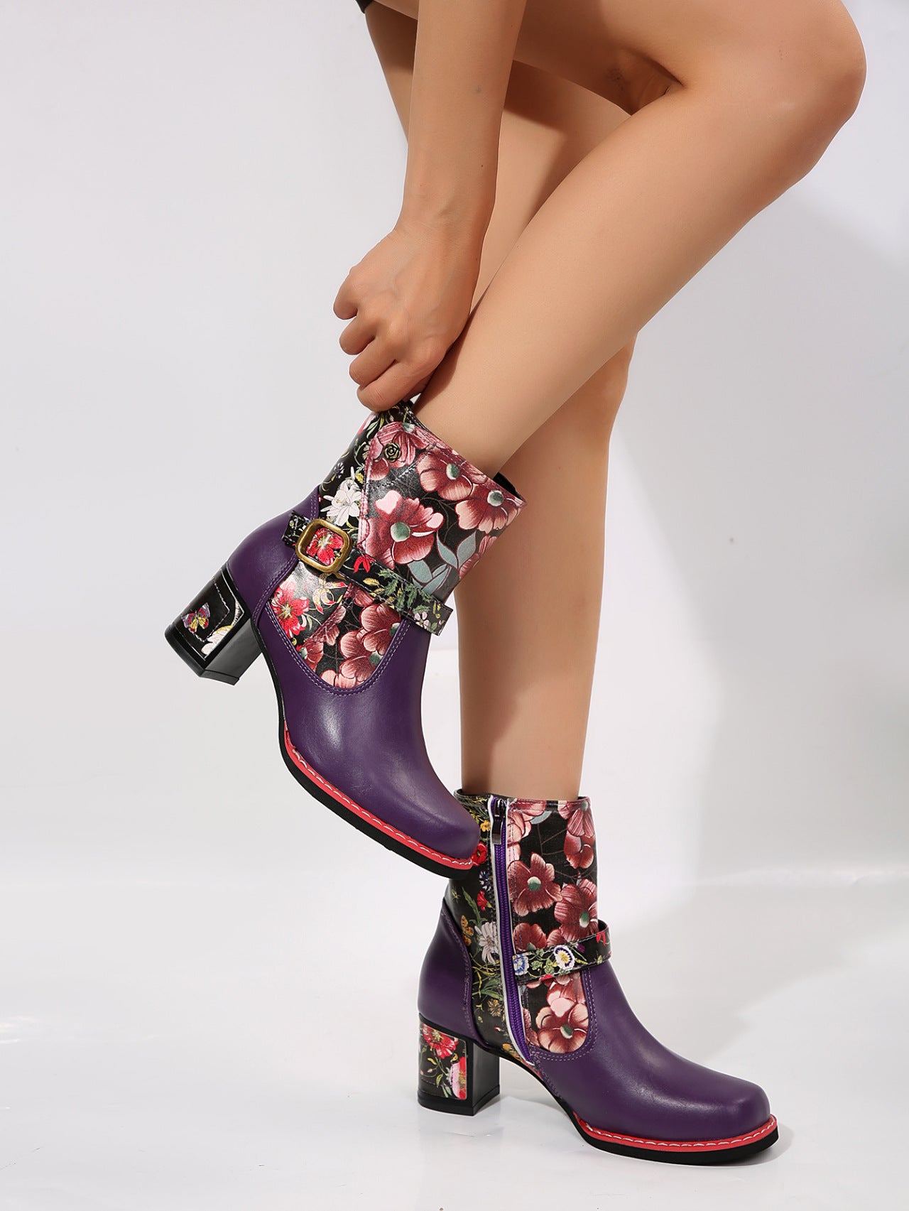 Women's  Leather Flower Block Heel Boots