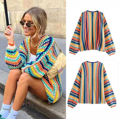 Rainbow long sleeve wide Songou Meibo sweater for women, features colorful stripe pattern and loose fit, perfect for autumn street style.