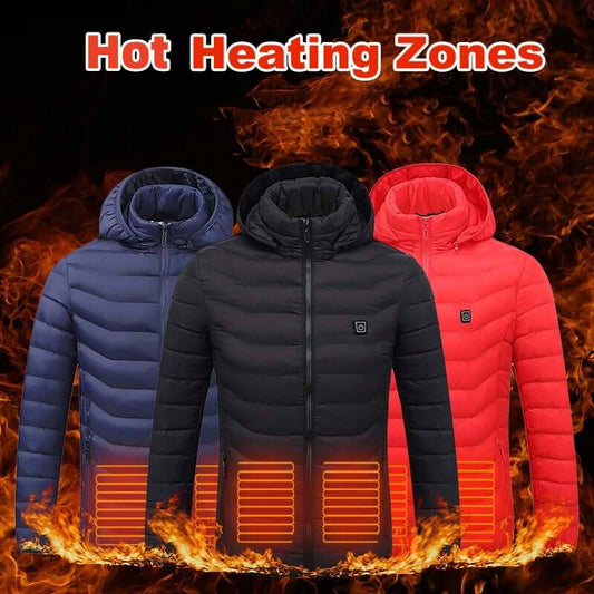 Heated coat USB electric thermal winter clothing with hot heating zones, available in black, blue, and red.