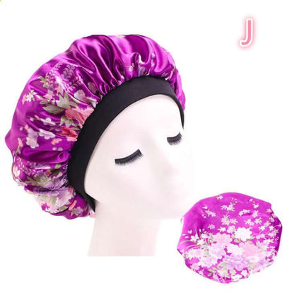 Beauty print Satin silk Bonnet sleep night cap in purple with floral design, ideal for smooth hair.