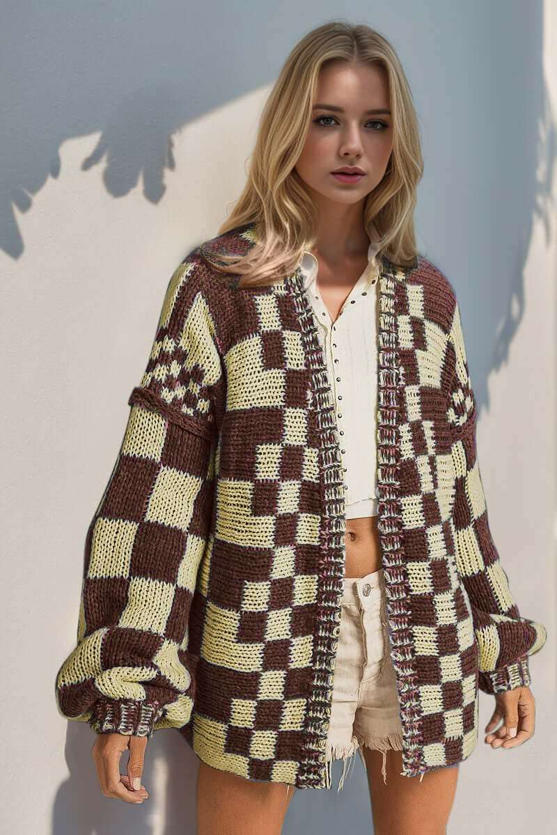 Full size open front checkered drop shoulder cardigan with a chic design.