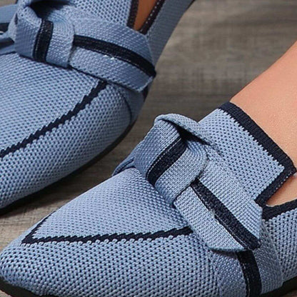 Bow Contrast Trim Point Toe Loafers in light blue, featuring a stylish bow and contrasting trim design.