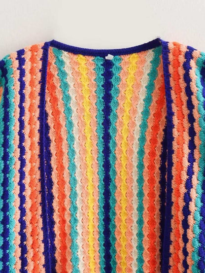 Rainbow long sleeve wide Songou Meibo sweater with colorful pattern.