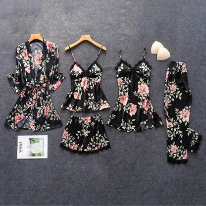 Women's Loose Comfortable Lace Five-Piece Pajama Set - Plush Fashions Shop 