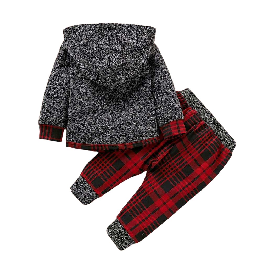 Baby long sleeve plaid sweater set in cotton blend, featuring red and black plaid pants and a gray hooded top, ideal for stylish comfort.