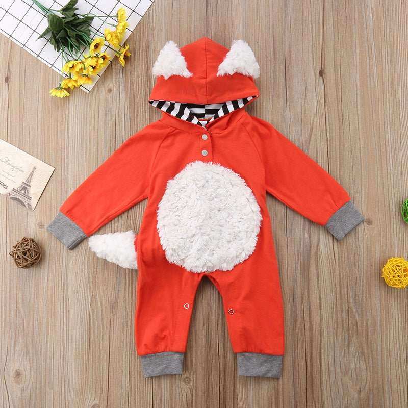 Infant tiger-themed winter Halloween jumpsuit in vibrant orange with hood and long sleeves.