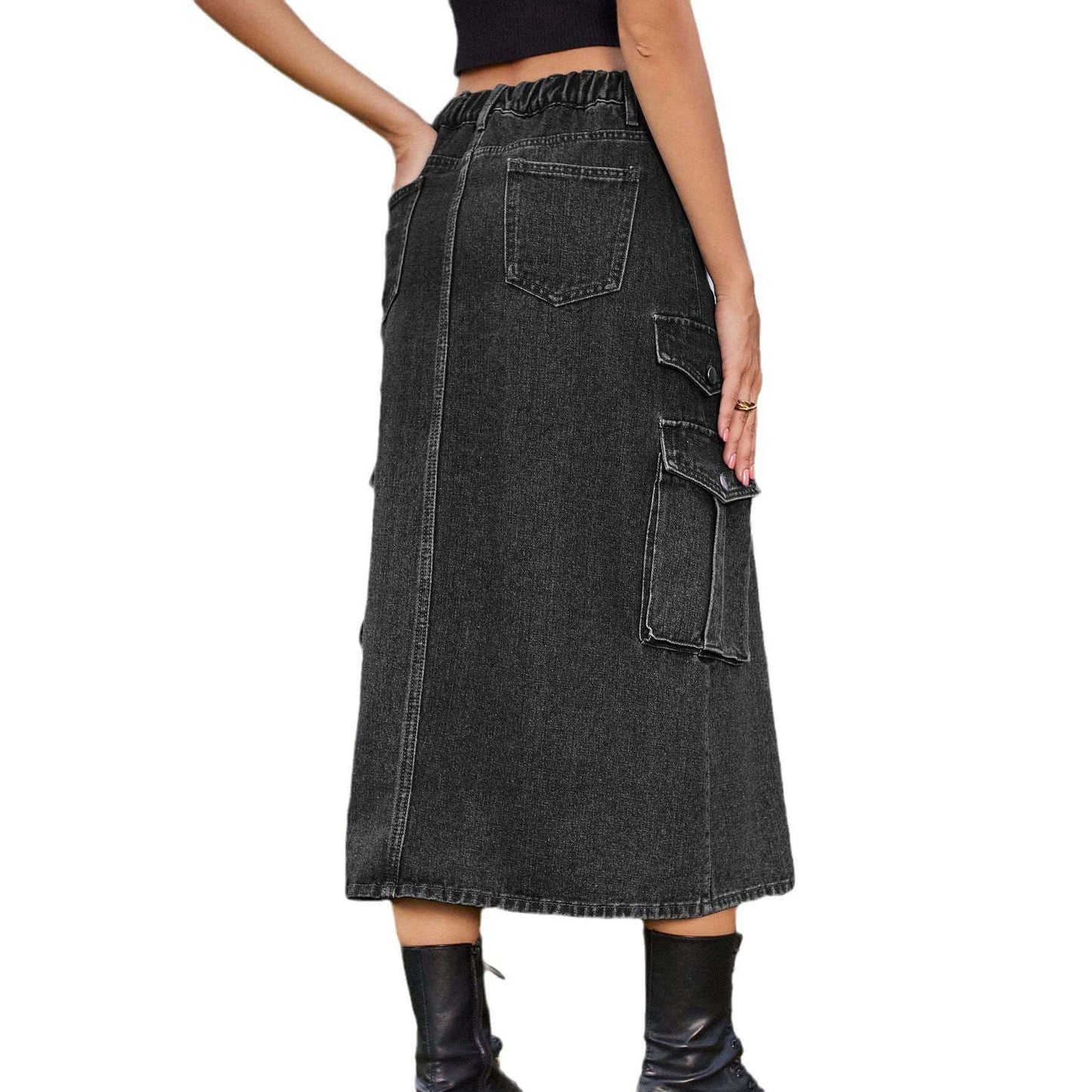 Women's denim cargo casual skirt in black, featuring side pockets and an elastic waistband.