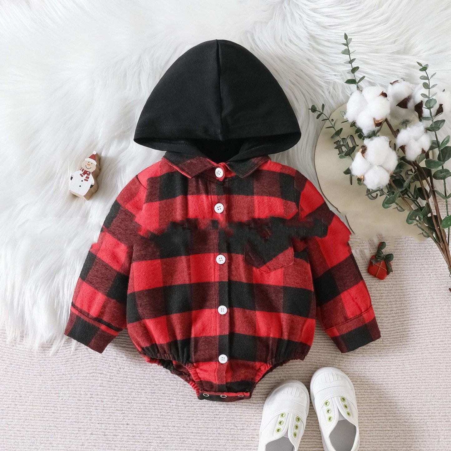 Baby Plaid Button Hooded JumpsuitStay cozy and festive this holiday season with our Baby Clothing Christmas Plaid Jumpsuit. Made with soft and breathable cotton fabric, our button-up onesie featuresBaby clothsPlush Fashions ShopPlush Fashion ShopBaby Plaid Button Hooded Jumpsuit