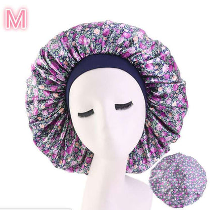 Beauty print Satin silk Bonnet sleep night cap in floral design, protects hair while sleeping.