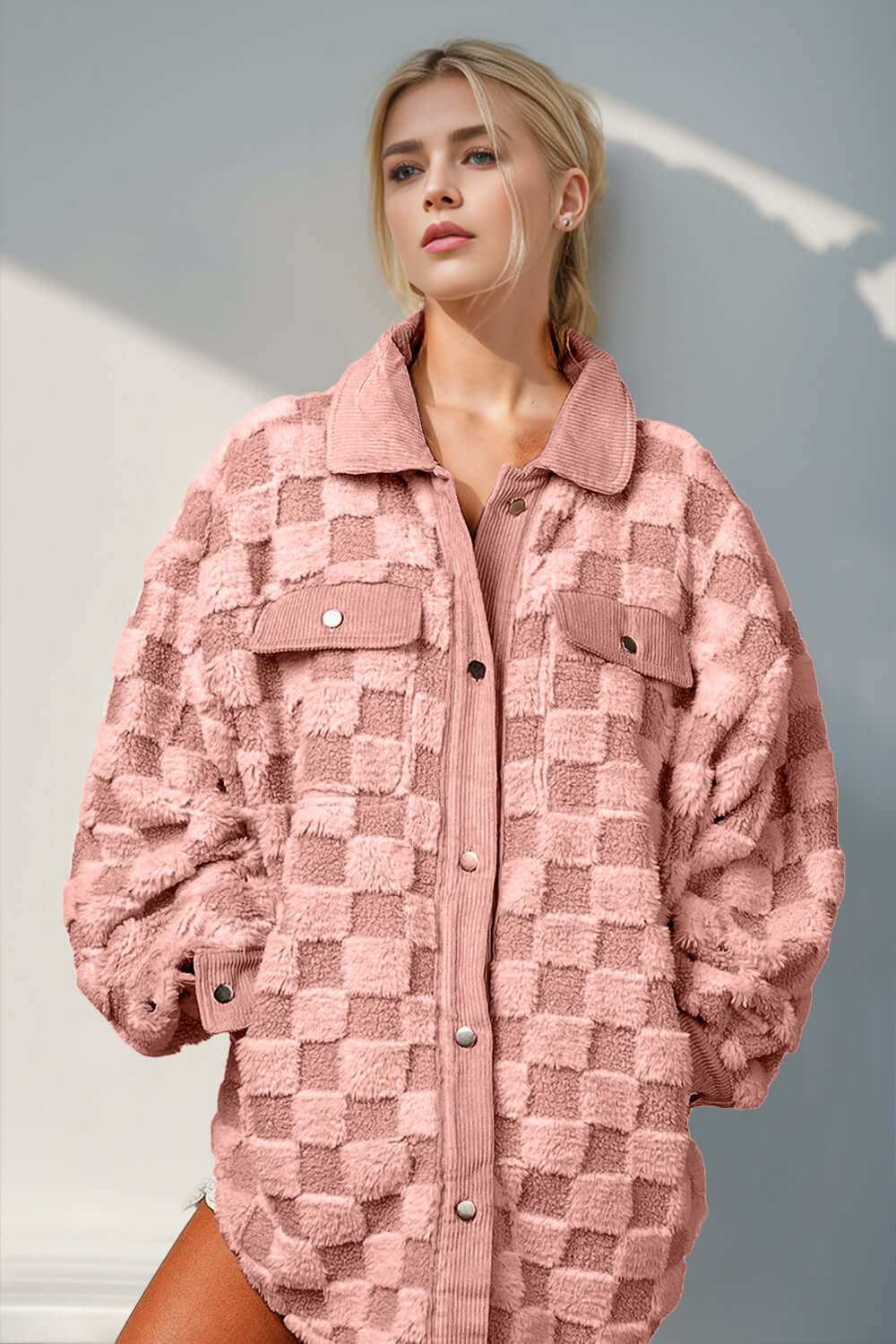 Fuzzy checkered shacket with button-up design in soft pink, featuring functional pockets.