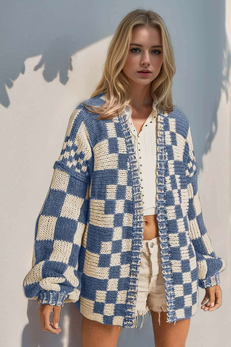 Full size open front checkered drop shoulder cardigan on model.