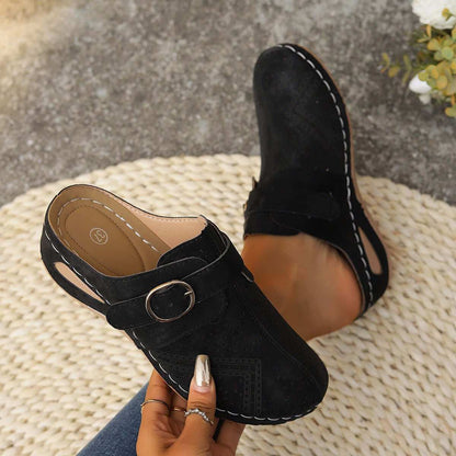 Suede Round Toe Wedge Sandals with Mid Heels in Black