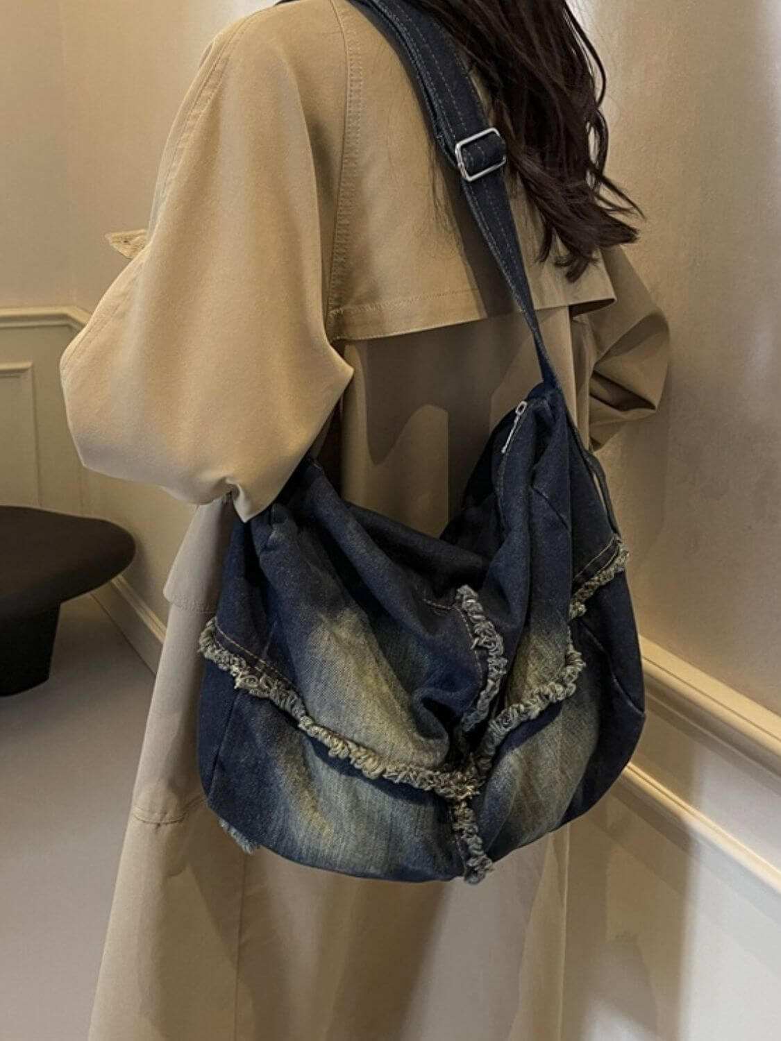 Raw Hem Gradient Crossbody Bag for women in large denim size with spacious interior.