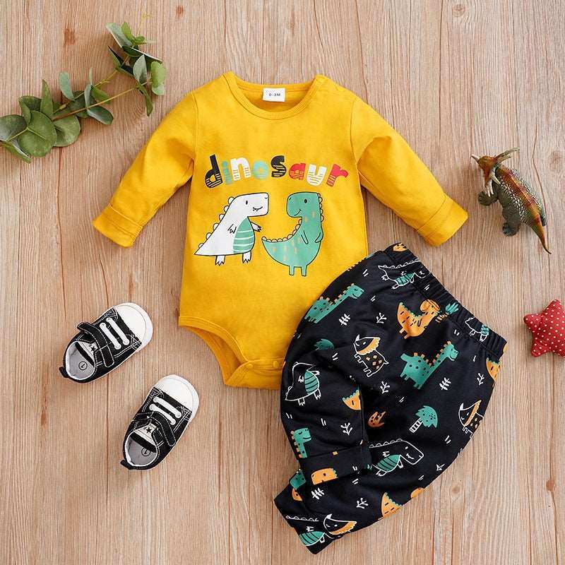 Baby overalls two-piece suit with dinosaur design, shirt and pants for infants.