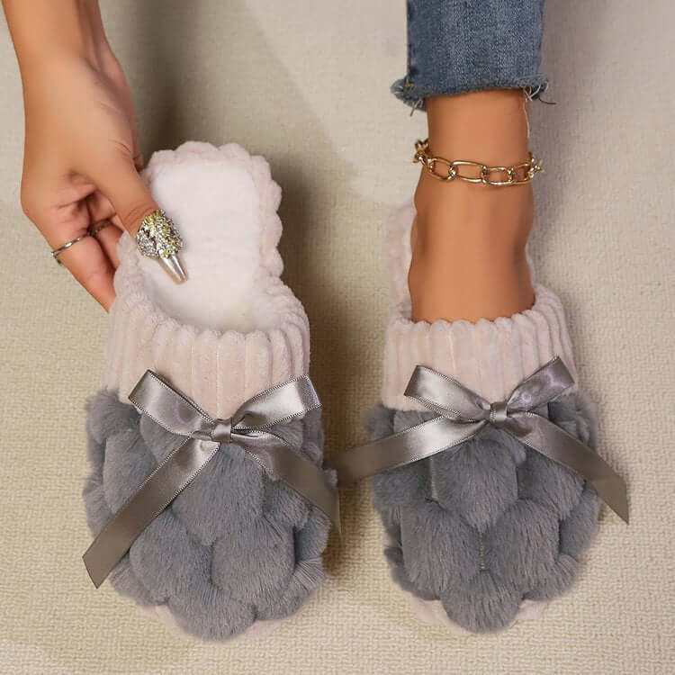 Bow Trim Contrast Slippers with gray fur and ribbon detailing.