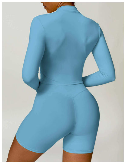 Women's tight long sleeve yoga wear in cloudy blue, designed for comfort and support.