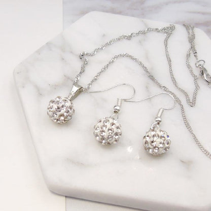 Full Diamond Ball Jewelry Crystal Set Earring NecklaceElevate any outfit with our Full Diamond Ball Jewelry Crystal Set! The sparkling chain length of 40cm and lightweight 3.4g make it perfect for everyday wear. Comes pNeklacePlush Fashions ShopPlush Fashion Shop