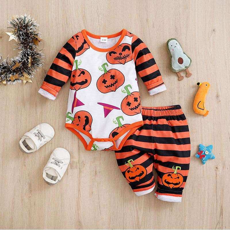 Children's baby overalls two-piece suit with pumpkin design and striped pants, perfect for toddlers.