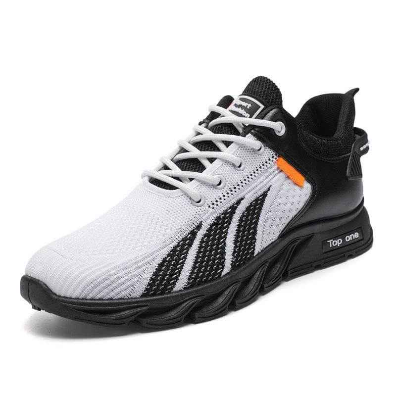 Men's mesh shoes, fly knit design, color-block lace-up sneakers, lightweight and breathable for casual and sports wear.