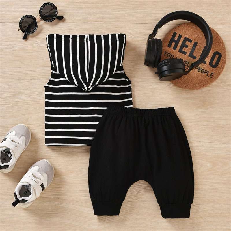 Boys' hooded striped tank top pants set with black and white stripes, cotton fabric, and soft enzyme wash.