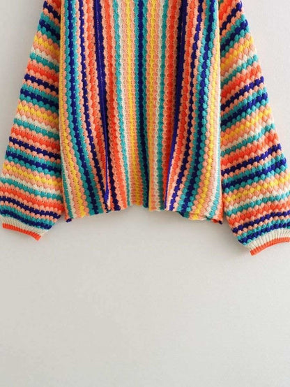 Rainbow long sleeve wide Songou Meibo sweater with colorful striped pattern.