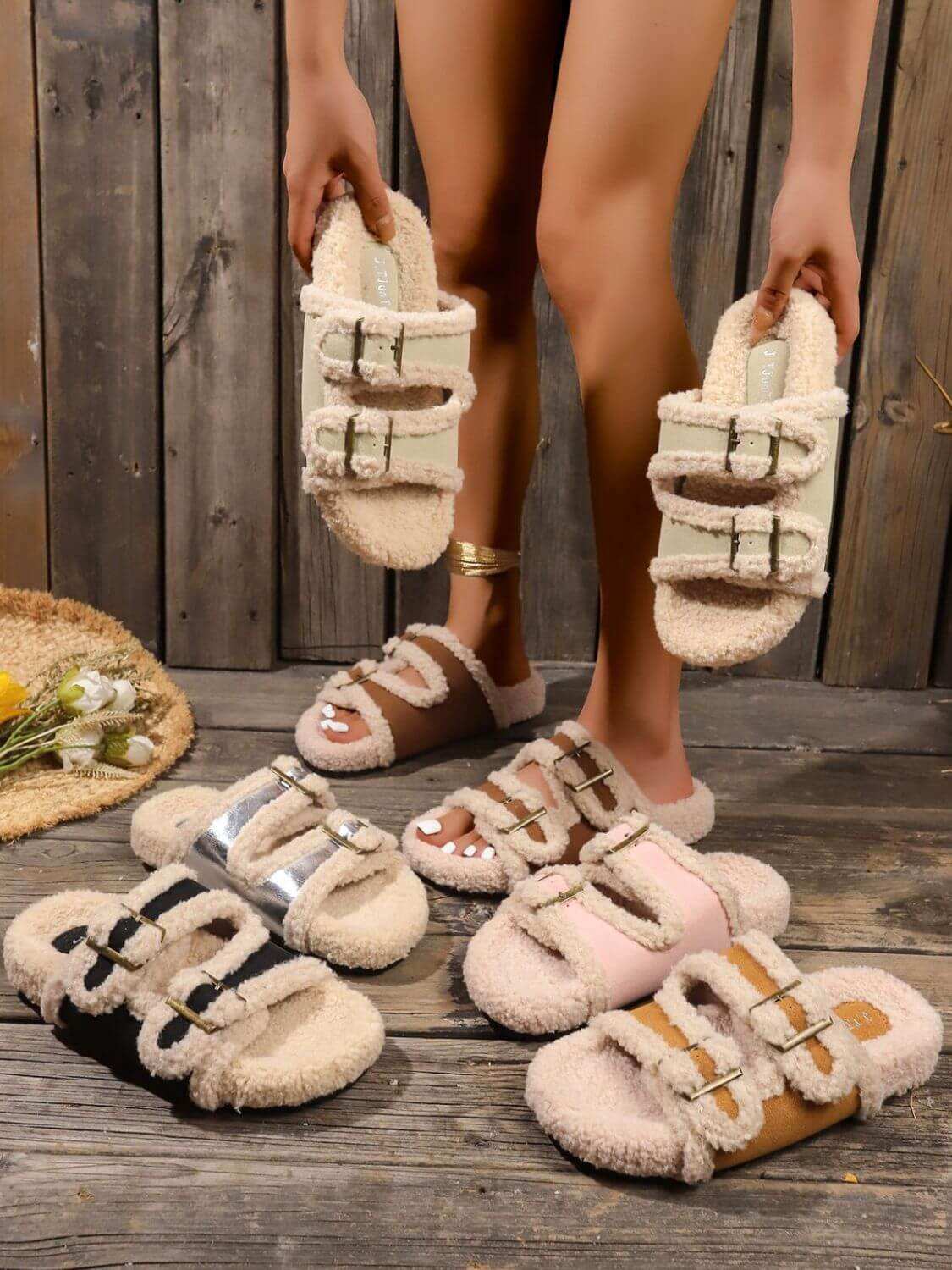 Fluffy Contrast Open Toe Slippers with faux fur and non-slip sole in various colors.