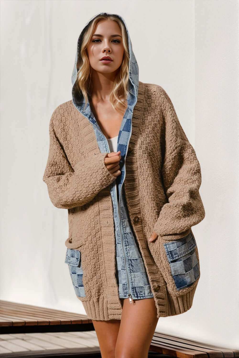 Full Size Hooded Denim Spliced Sweater Cardigan with pockets worn by model