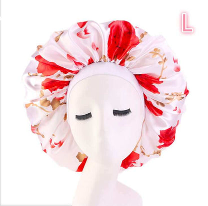 Beauty print Satin silk Bonnet sleep night cap with red floral design.