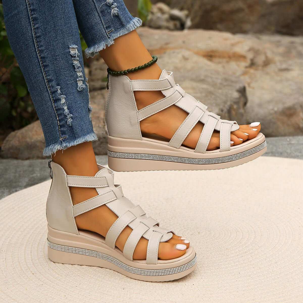 Cutout Rhinestone Trim Wedge Sandals with wedge heel and durable materials.