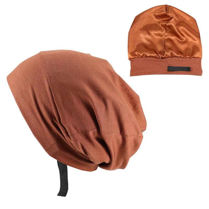 Autumn adjustable satin lined hood hats in brown, stylish for any season.