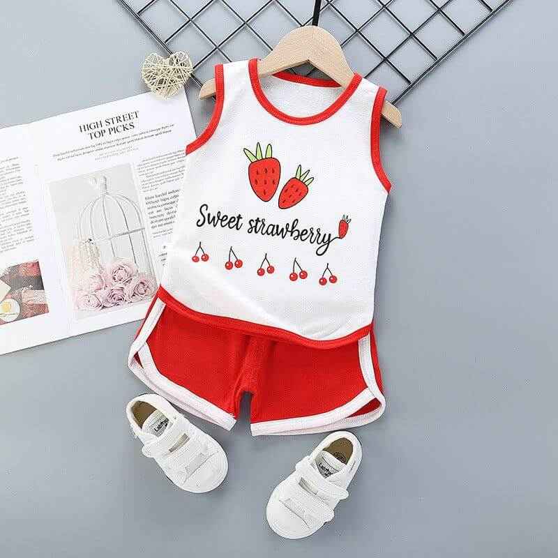 Pure cotton boys and girls suit with sleeveless top and shorts, featuring a strawberry print design, ideal for summer.