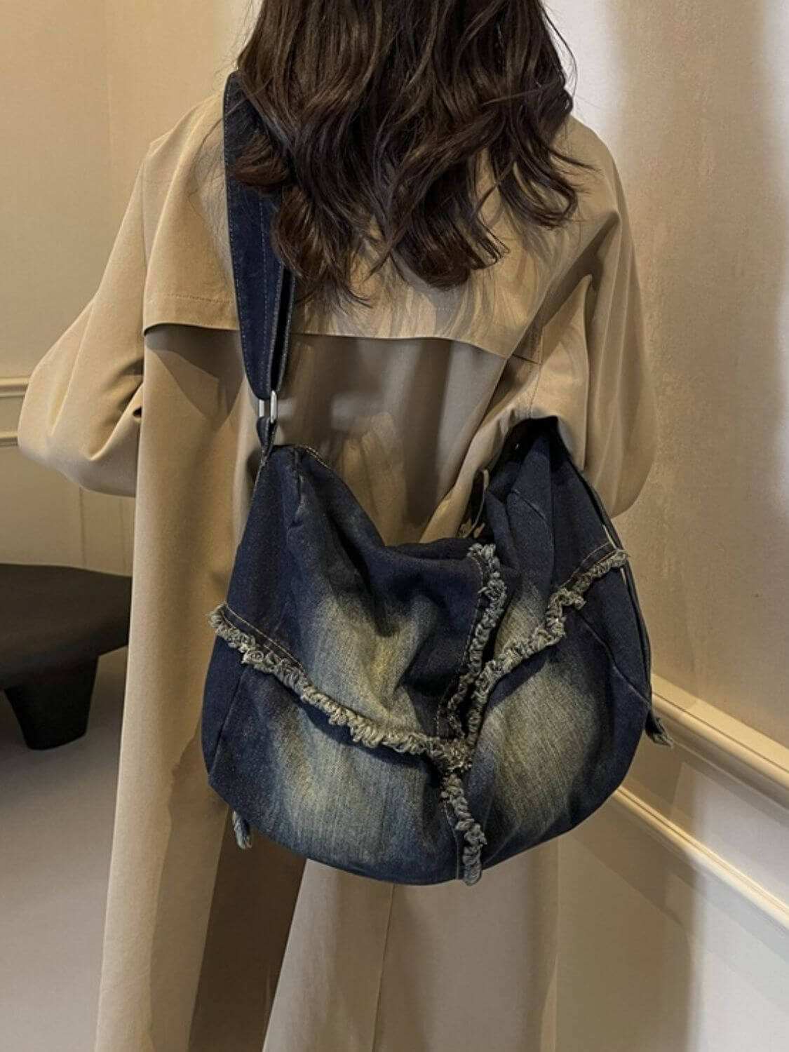 Raw Hem Gradient Crossbody Bag for women in denim with spacious interior.