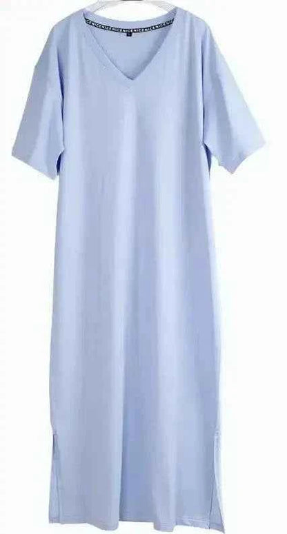 Oversized V-neck women boho dress in soft blue, loose fit for comfort and style.